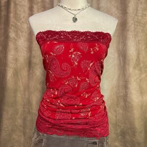 Vintage Y2K Tube Top Paisley Sequined Embroidered Floral Lace Strapless Boho 90s